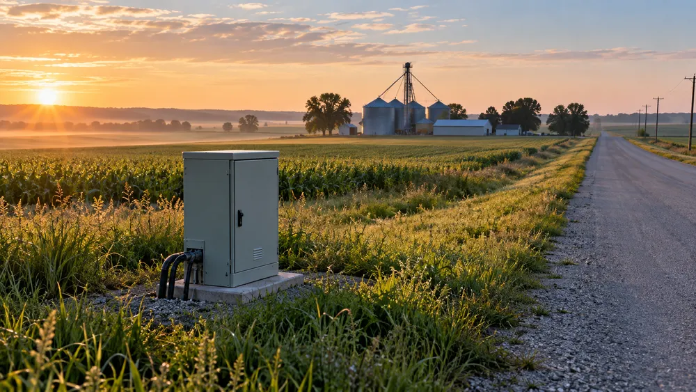 Rural Nebraska road beside communications infrastructure and farm fields at dawn.