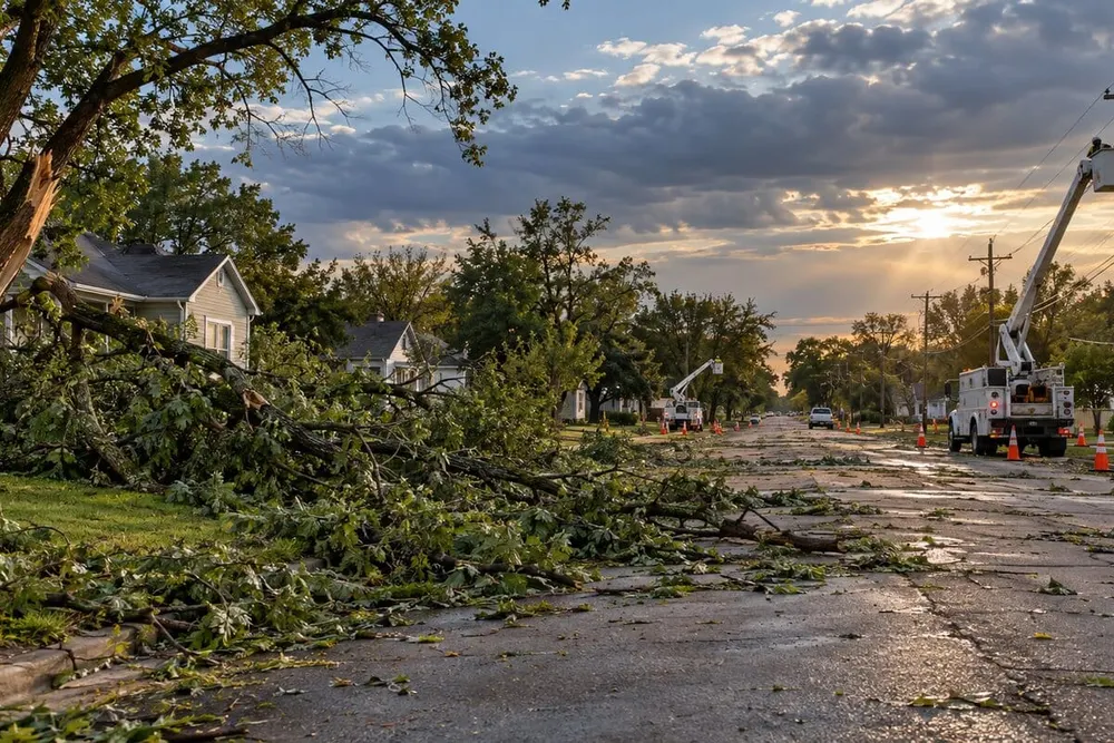 Fallen tree branches and utility crews working along a Nebraska residential street after a windstorm