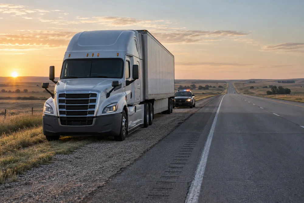 Conceptual view of a semi truck stopped along an Interstate highway across the Nebraska plains.