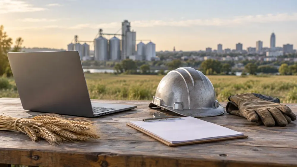 Conceptual view of a laptop, hard hat, work gloves and wheat on a table overlooking Nebraska farmland and a city skyline