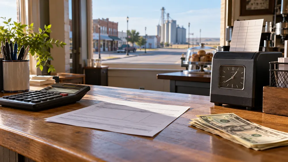 Payroll documents, calculator and time clock on a Nebraska small-business counter