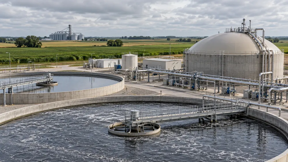 Illustrative view of a modern wastewater treatment and anaerobic digestion facility in Nebraska farm country.
