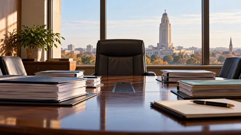 An empty executive chair in a Nebraska government office conference room with retirement files on the table and the state capitol visible through the window.