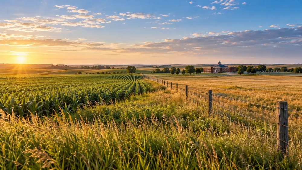 Conceptual view of Nebraska farmland and a rural school building representing school-land trust revenue.