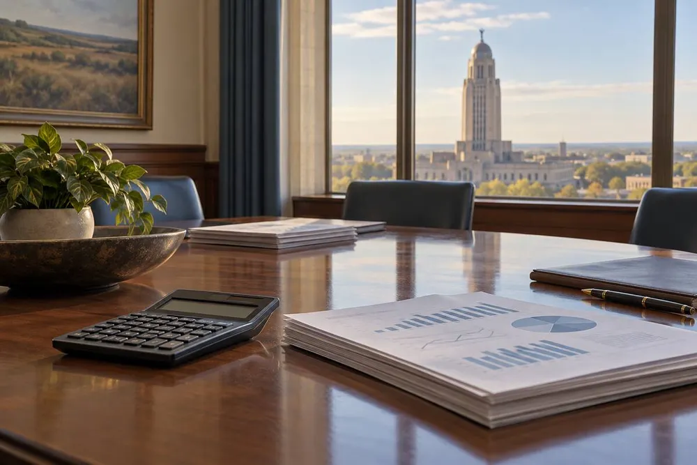Conceptual view of budget documents and a calculator in an empty Nebraska government conference room