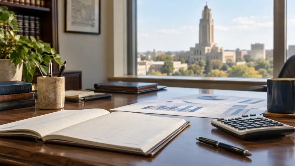 Ledger, calculator and abstract financial charts on a desk overlooking Nebraska’s state capitol