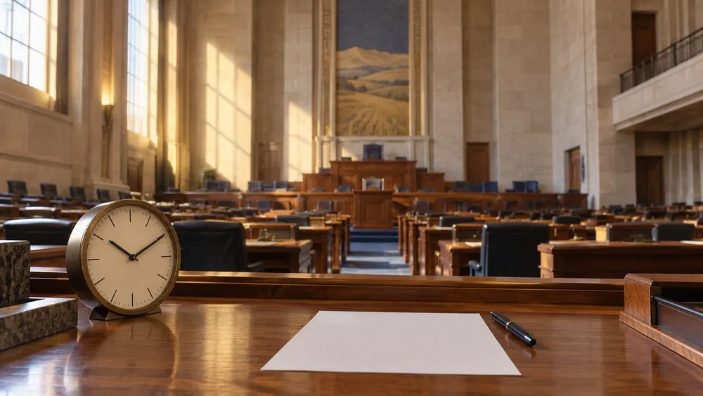A blank ballot and clock on a wooden desk in a quiet legislative chamber