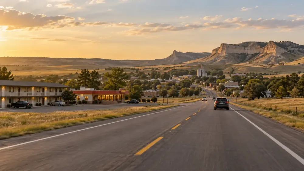Illustrative Nebraska highway approaching a small town with lodging and restaurants