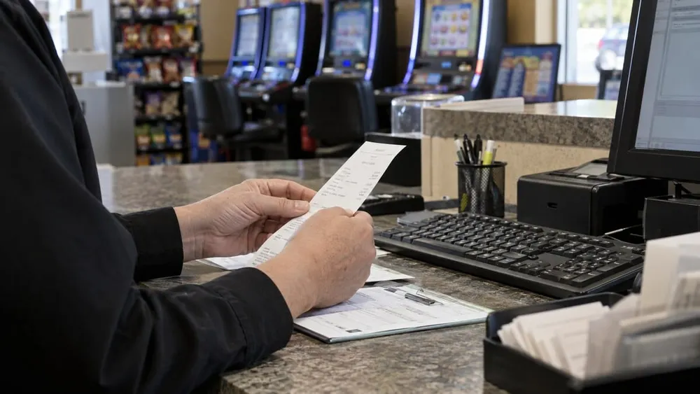 Clerk reviewing a payout receipt beside a keyboard with unbranded amusement terminals in the background