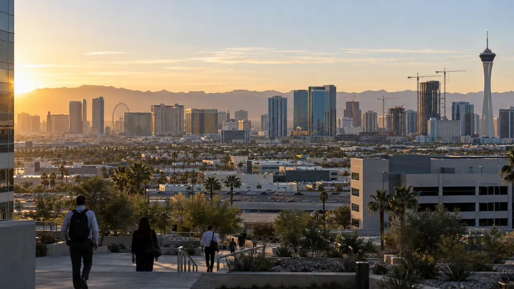 Las Vegas skyline and a business district in early morning desert light