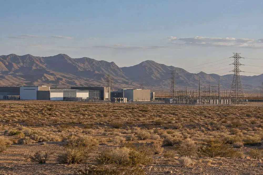A modern data center and electrical substation in a dry Nevada desert valley.