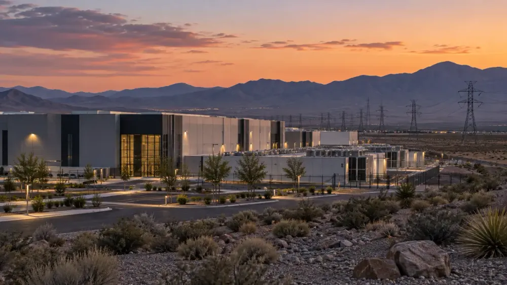Illustrative data center beside transmission lines in Nevada’s arid landscape