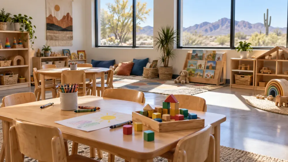 A bright unbranded Nevada pre-K classroom prepared for young learners