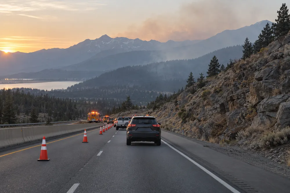 Conceptual view of a one-lane Interstate restriction near a smoky mountain slope west of Reno.