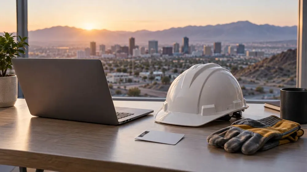 Conceptual view of a laptop, hard hat, work gloves and blank key card overlooking a Nevada desert city skyline at sunrise