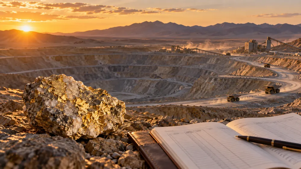 Open-pit gold mine and financial ledger in Nevada desert terrain