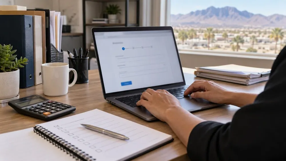 Business administrator setting up an online account at a desk overlooking a Nevada desert cityscape