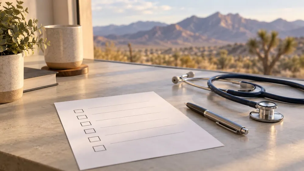 A blank ballot, pen and stethoscope on a desk overlooking a desert landscape