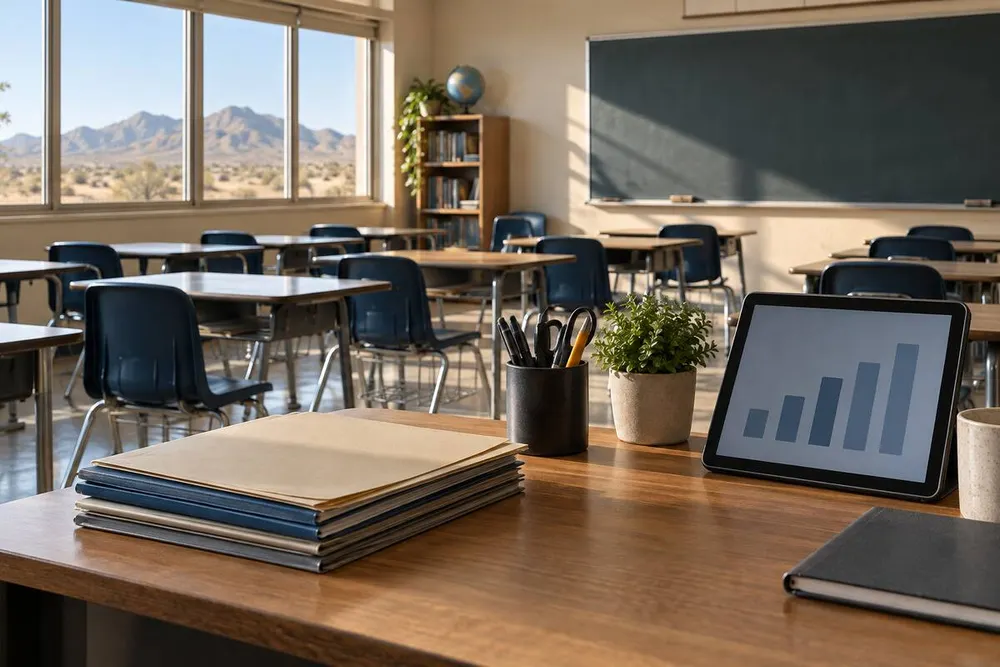 Conceptual Nevada classroom with assessment folders and an abstract performance chart on a tablet