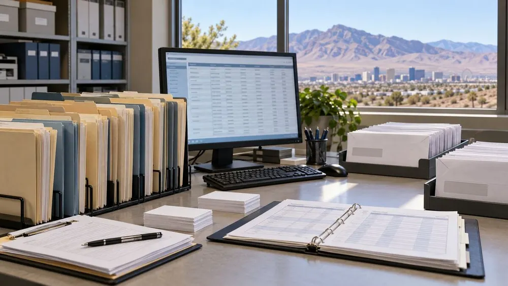 Voter registration files, sealed envelopes and a database screen arranged for review in a Nevada election office overlooking the Las Vegas valley.