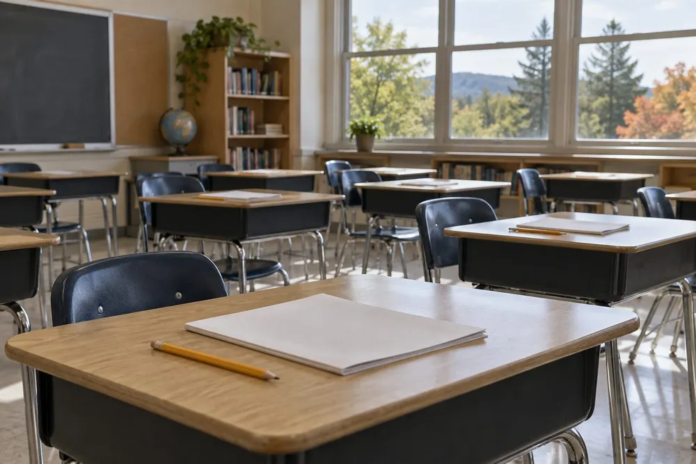 An empty New England classroom with blank assessment booklets and pencils on desks in soft autumn daylight.