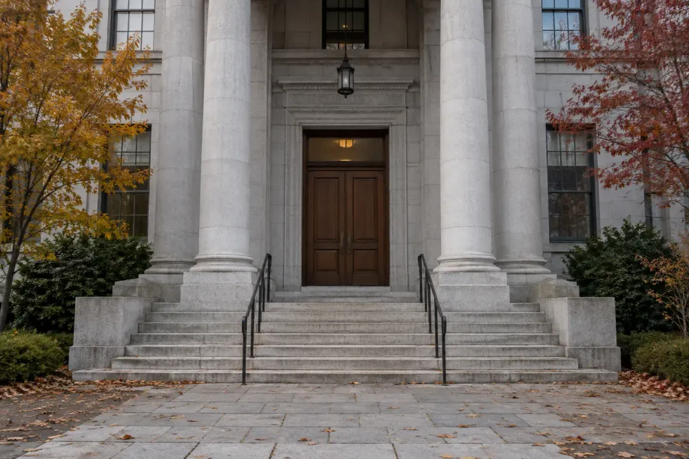 A granite courthouse entrance framed by autumn trees in New Hampshire