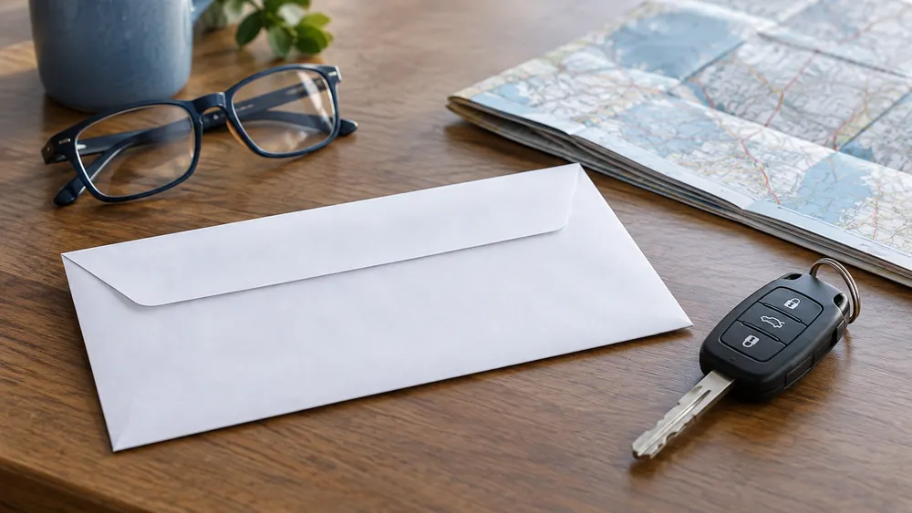 AI-generated editorial image of a sealed envelope, car keys, reading glasses and a road map representing a driver-record notice.