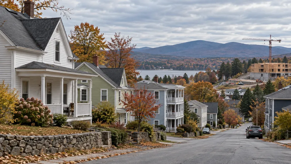 A New England residential street with a mix of homes in early autumn