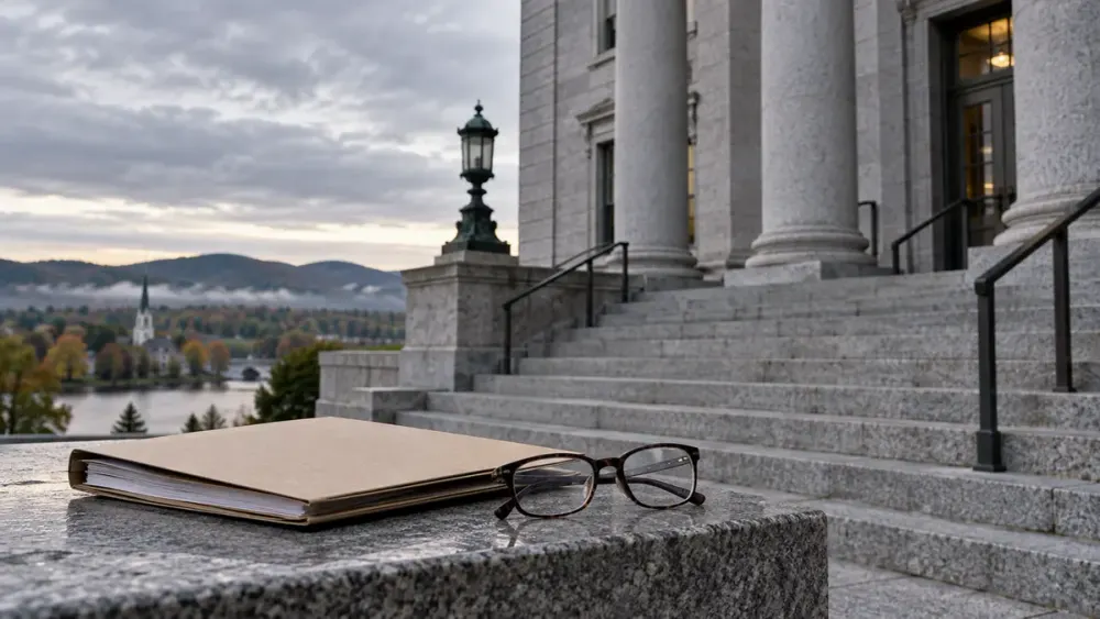 Granite courthouse steps beside a closed file folder and reading glasses under an overcast New Hampshire sky.