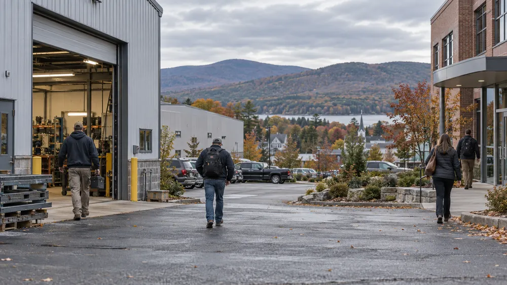 Workers approach a small New Hampshire commercial district on an overcast early autumn morning.