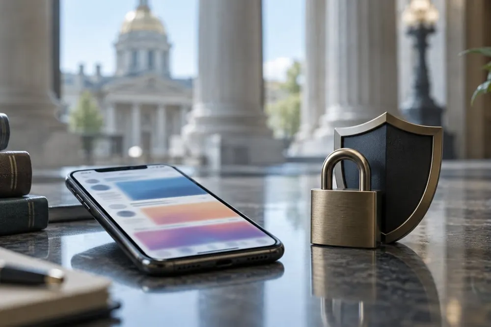 Conceptual image of a generic smartphone beside a padlock and shield in a civic interior.