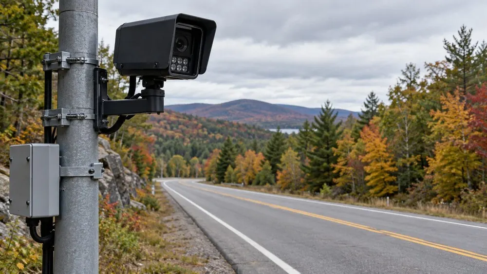 A roadside automated license plate camera overlooks a quiet New Hampshire road surrounded by autumn foliage.