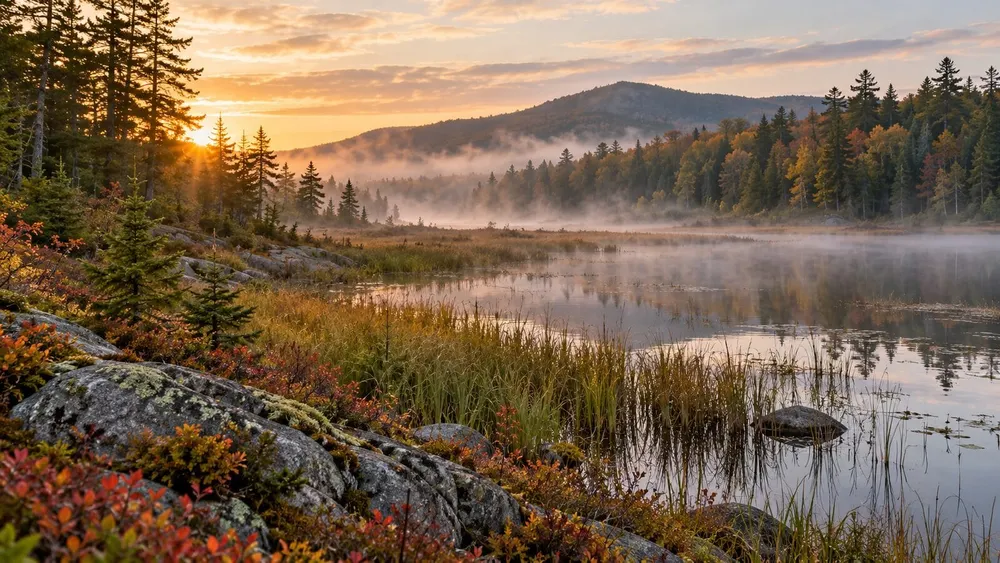 Illustrative New Hampshire forest and wetland habitat at autumn dawn