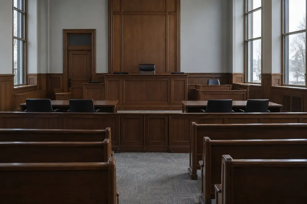 Empty courtroom with rows of wooden benches facing the judge’s bench