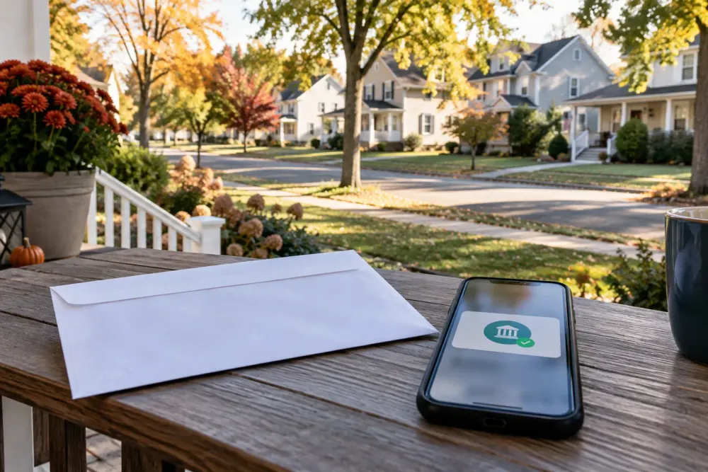 A quiet New Jersey suburban street with an envelope and phone representing property-tax relief