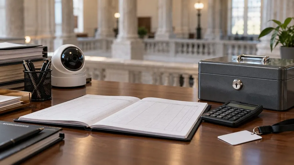 A campaign-finance ledger, calculator, security camera and locked cash box sit on a desk inside a civic building.