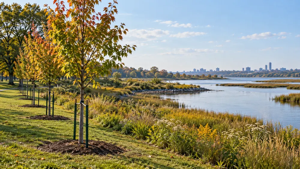 Illustrative view of newly planted trees and restored wetland habitat in a New Jersey community.
