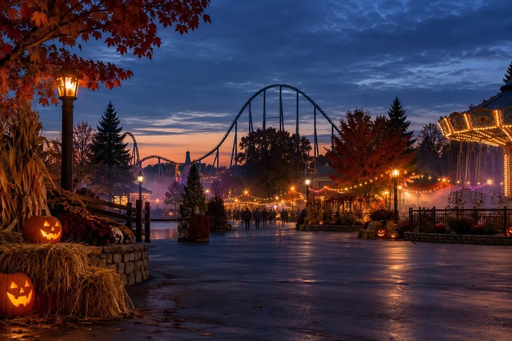 A generic amusement park midway decorated for fall at dusk, with roller coasters and seasonal lights