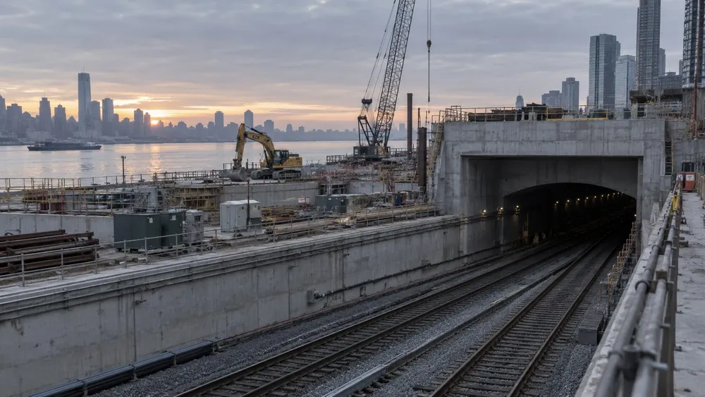 Empty rail tunnel construction site beside a river at dawn