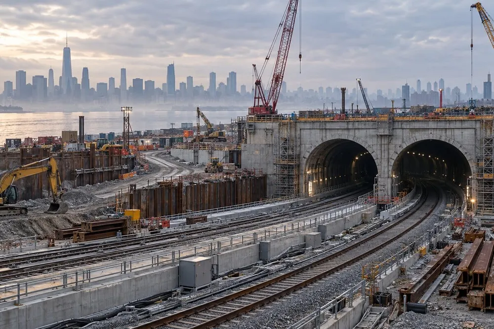 Conceptual image of rail tracks entering twin construction tunnels along the Hudson corridor.