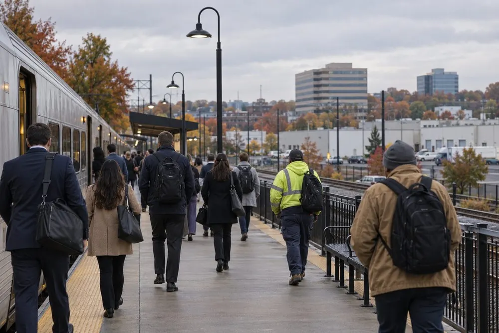 Commuters walk along a suburban New Jersey rail platform on an overcast autumn morning.