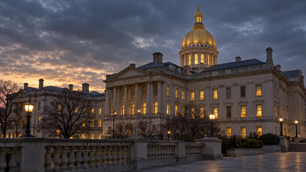 The New Jersey State House in Trenton under an overcast evening sky
