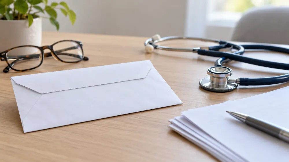 AI-generated editorial image of a sealed envelope, stethoscope, reading glasses and blank application papers representing a health-coverage review.