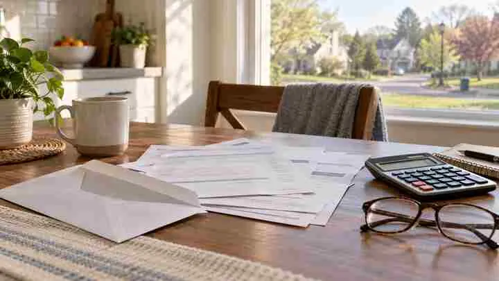 Medical bills, an open envelope, a calculator and eyeglasses on a sunlit kitchen table