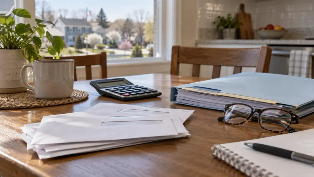 Plain medical envelopes, a calculator, glasses and a closed folder on a sunlit household kitchen table.