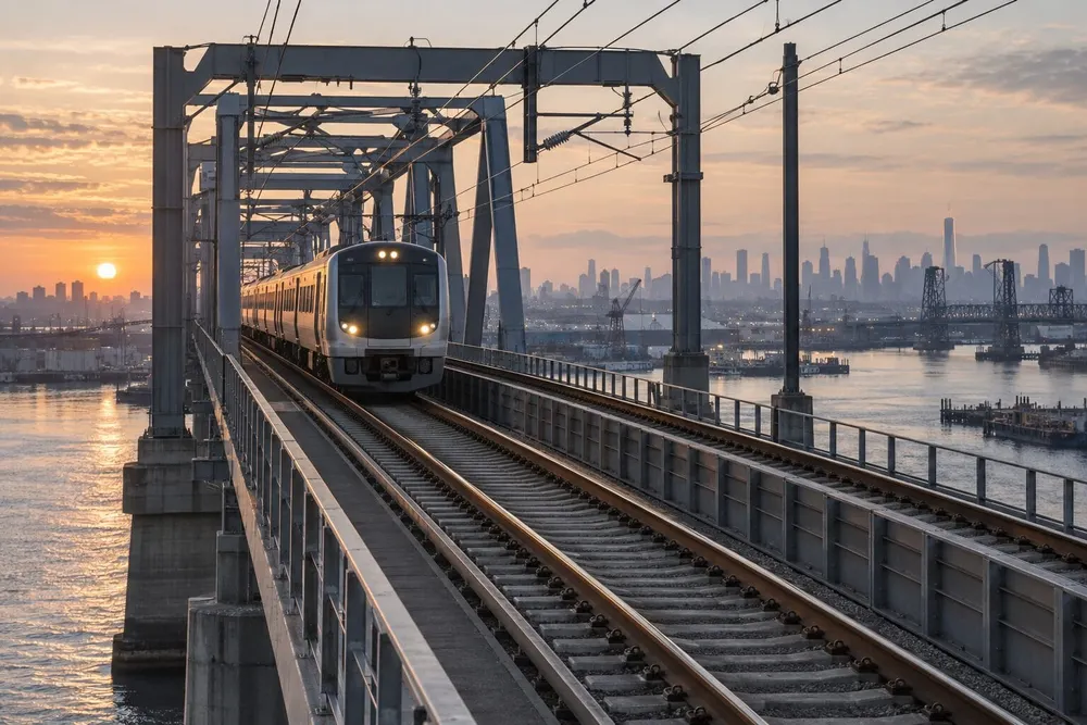 An unbranded silver commuter train crosses a modern electrified rail bridge over an industrial river at sunrise.