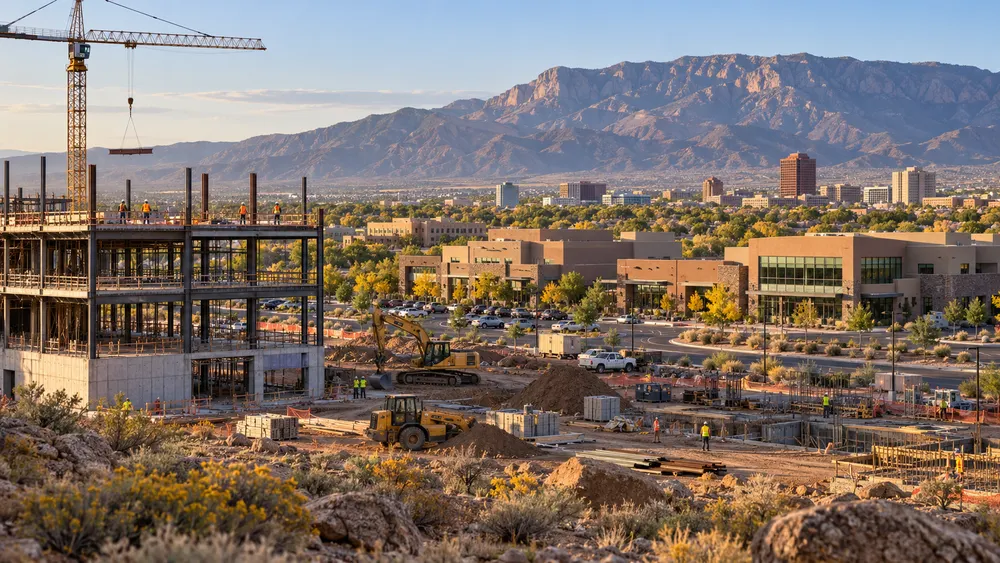 Construction activity amid commercial buildings in New Mexico’s high-desert landscape.