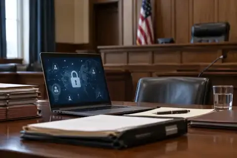 Photorealistic courtroom scene with a laptop showing abstract privacy and cybersecurity symbols.