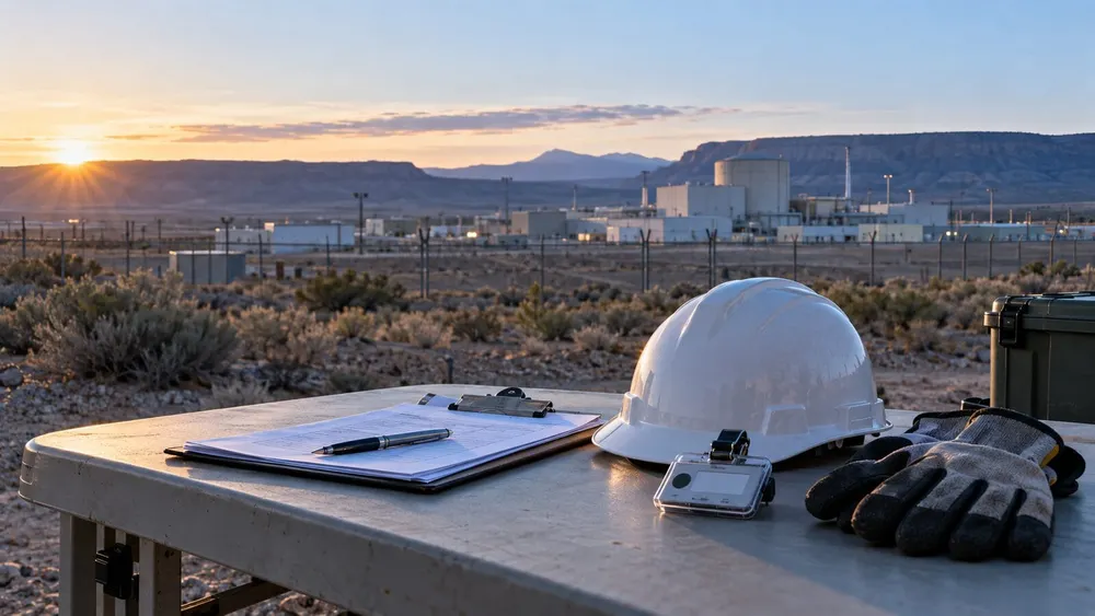 Safety inspection equipment on a table before a generic nuclear research facility in the New Mexico desert.