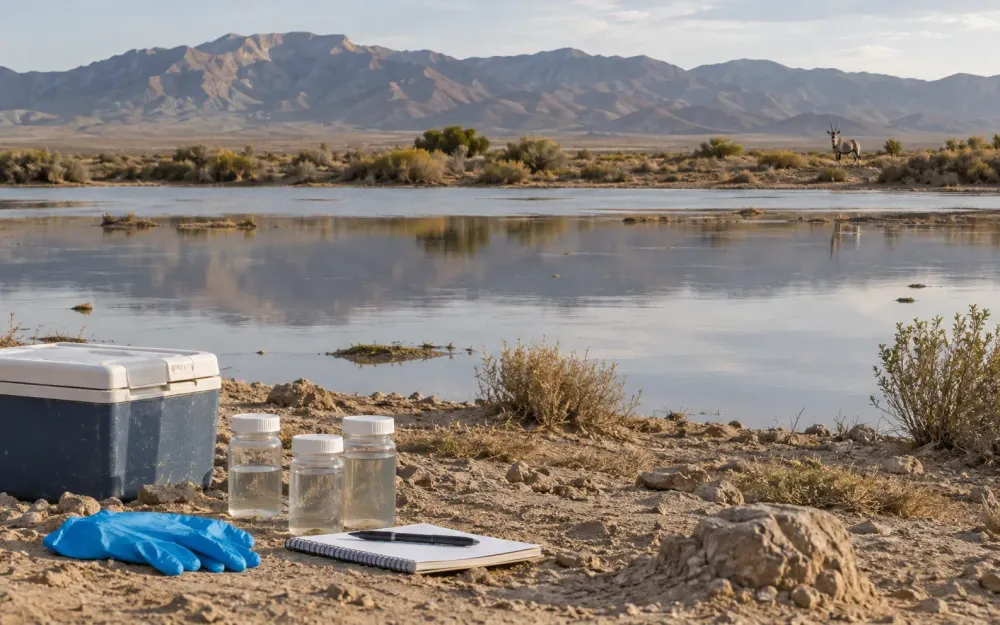 Illustrative view of wildlife sampling equipment beside a desert lake with a distant oryx in southern New Mexico.